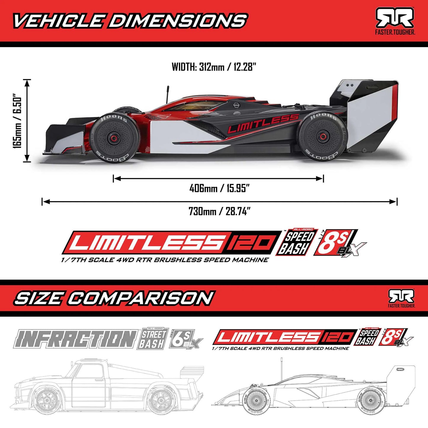 Arrma Limitless 120 8S BLX 4X4 Speed Machine, RTR with AVC, Red/Black ARA7816T1