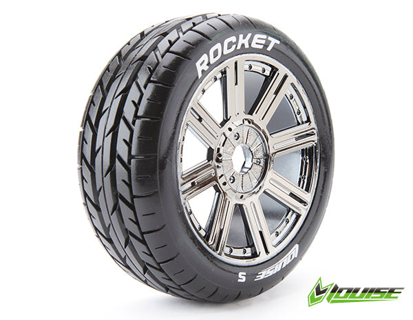 Louise RC - B-ROCKET - 1-8 Buggy Tire Set - Mounted - Soft - Black-Chrome Spoke Wheels - Hex 17mm - L-T3190SBC