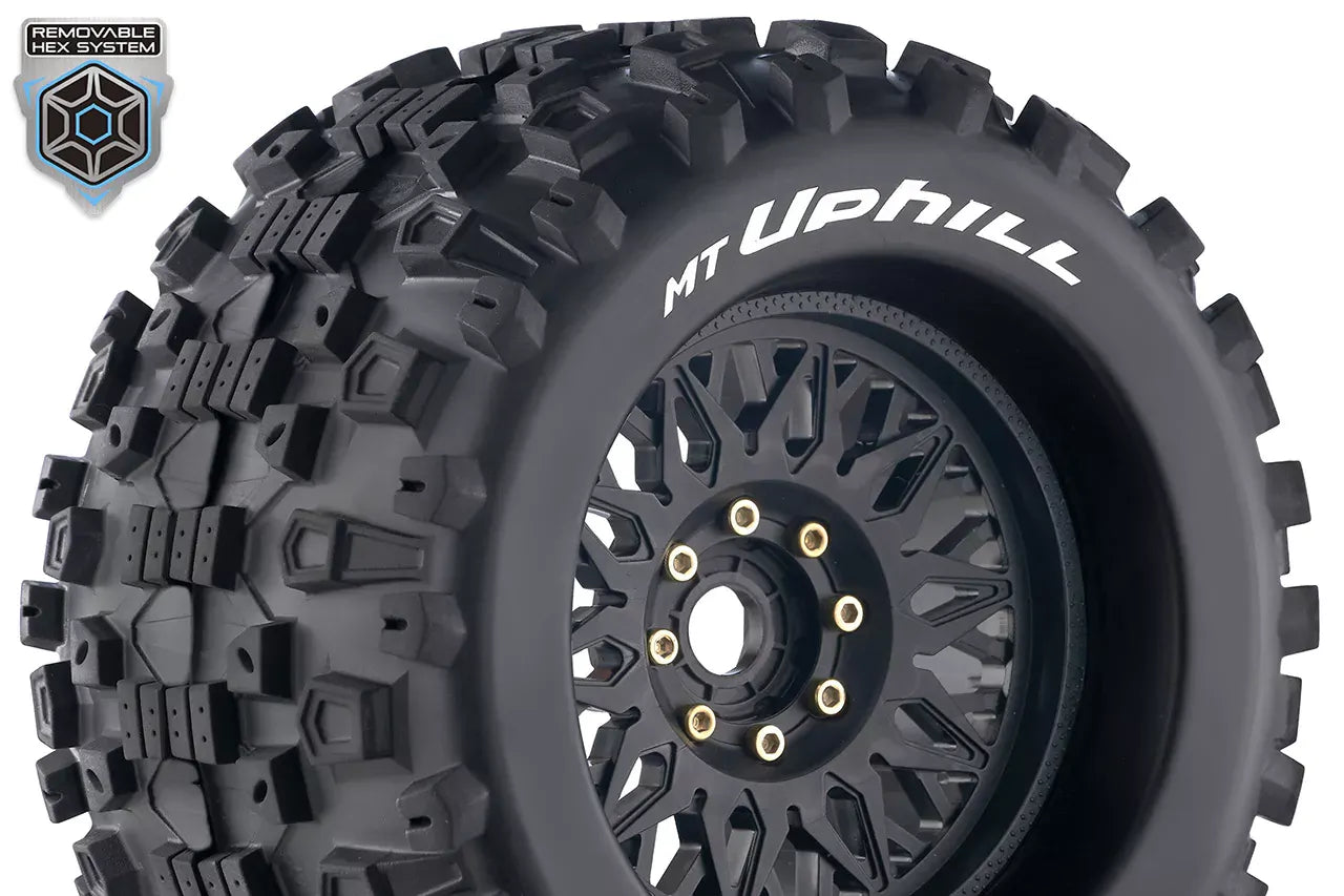 Louise RC - MT-UPHILL - 1-8 Monster Truck Tire Set - Mounted - Sport - Black Wheels - Removable 0 & 1/2 OFFSET HEX 17mm