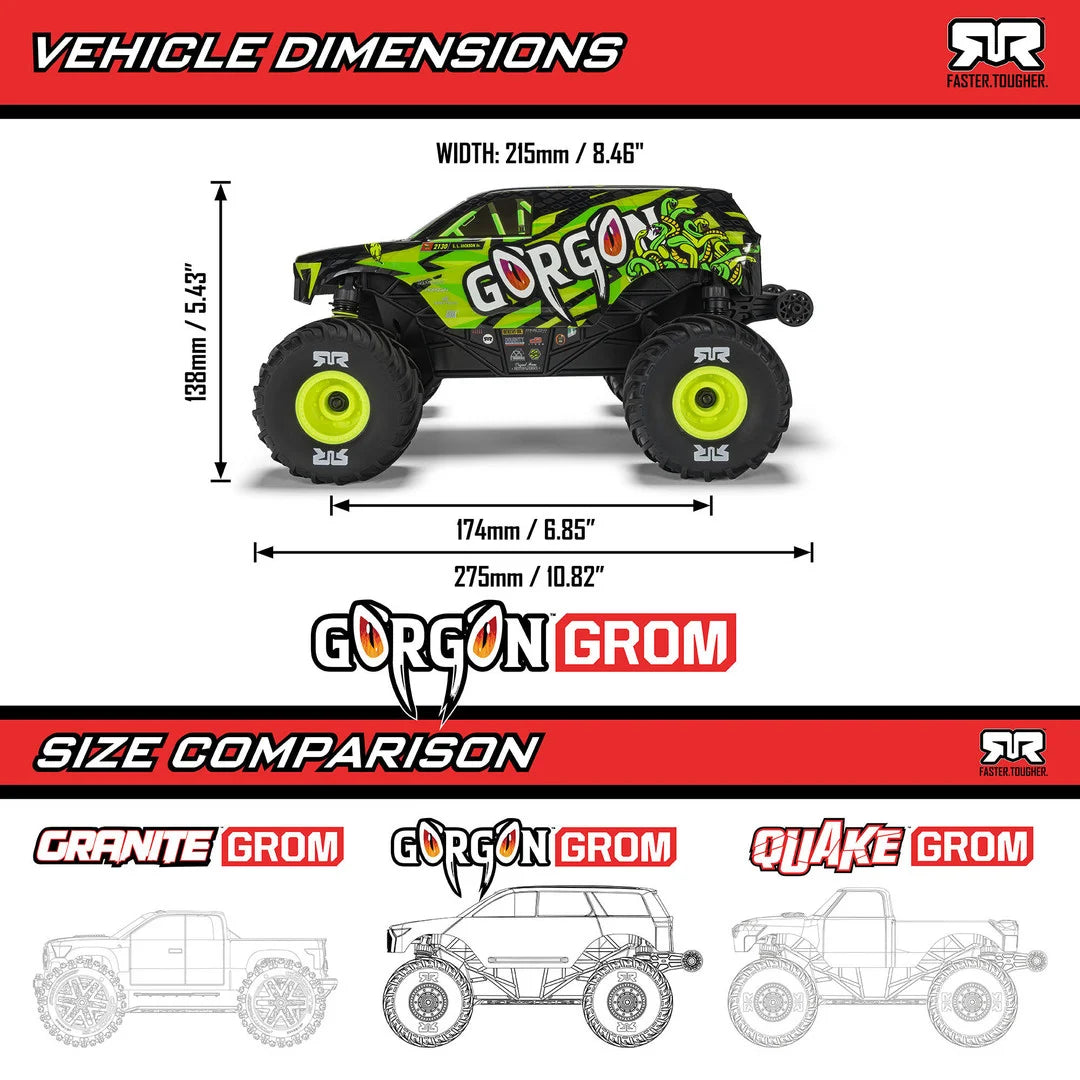 Arrma Gorgon Grom 4X4 1/16 Monster Truck RTR, Red