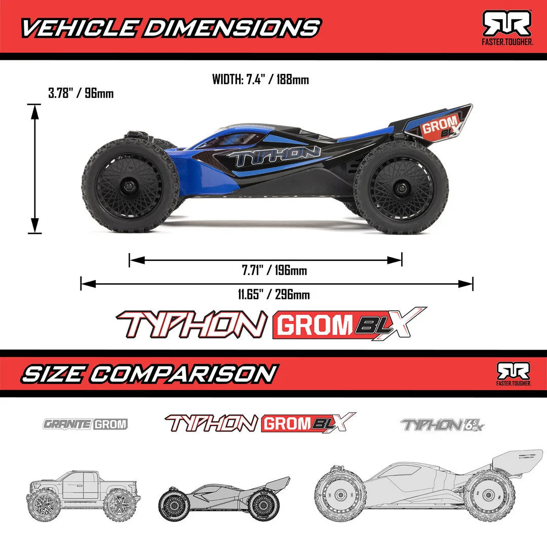 Arrma Typhon Grom 223S DSC Brushless 4X4 1/14 RC Buggy RTR, Blue, ARA2306ST2