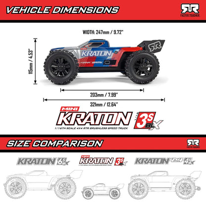 Arrma Mini Kraton 3S BLX 4X4 1/16 Speed Monster Truck, RTR Basic, Red/Black, ARA2508T1