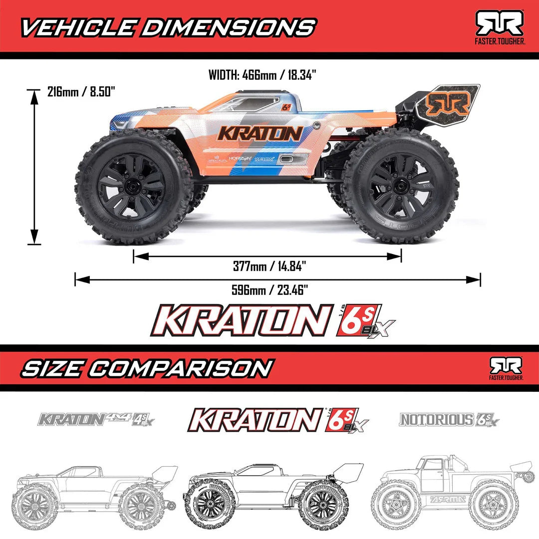 Arrma Kraton 6S BLX 4X4 1/8 Speed Monster Truck, RTR, Orange/Blue ARA8608V6T1
