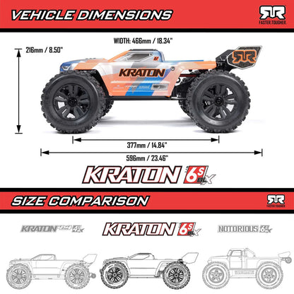 Arrma Kraton 6S BLX 4X4 1/8 Speed Monster Truck, RTR, Orange/Blue ARA8608V6T1