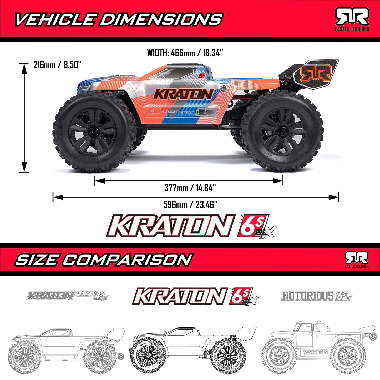 Arrma Kraton 6S BLX 4X4 1/8 Speed Monster Truck, RTR, Blue/Red, ARA8608V6T4