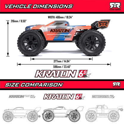 Arrma Kraton 6S BLX 4X4 1/8 Speed Monster Truck, RTR, Blue/Red, ARA8608V6T4