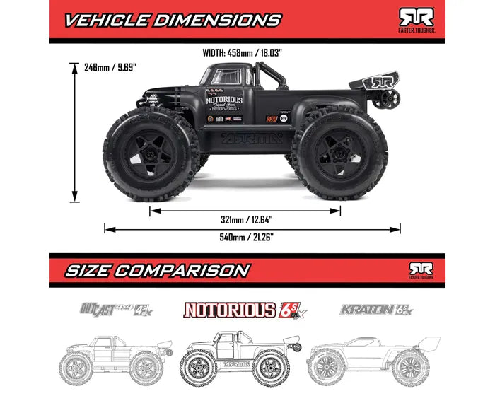 Arrma Notorious 6S BLX 4X4 1/8 Stunt Truck, RTR, Black, ARA8611V6T1