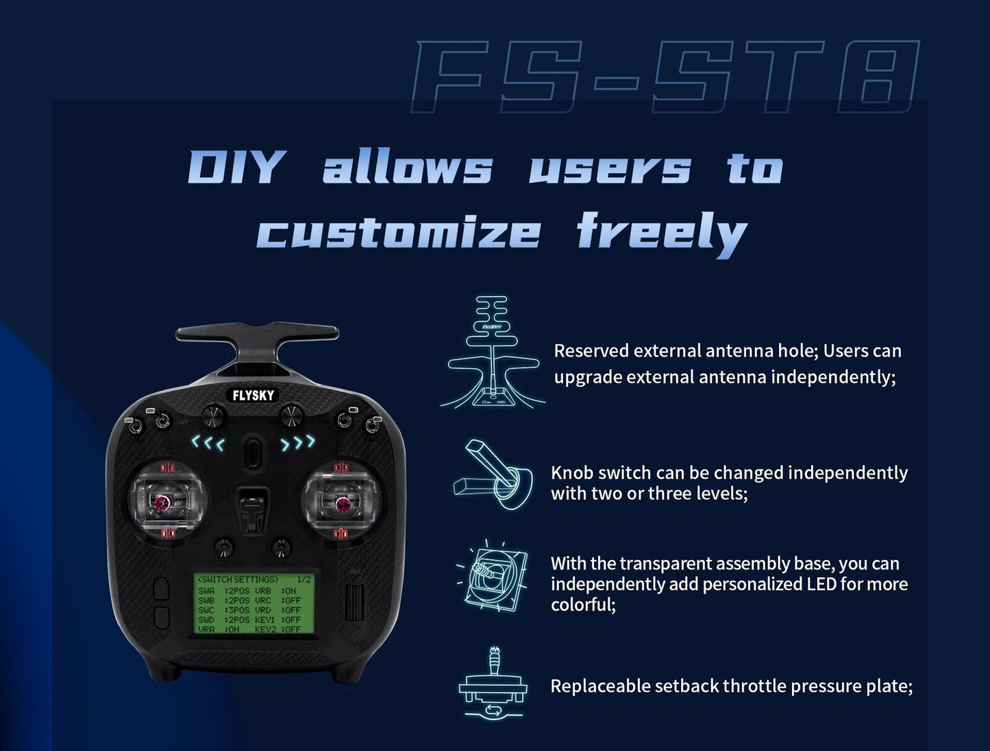 Flysky ST8 2.4G UPGRADED with 1 Receiver fixed-wing, delta-wing, glider, helicopter, multi-axis, FPV, car model, engineering vehicle, robot FS-ST8UPGRADE