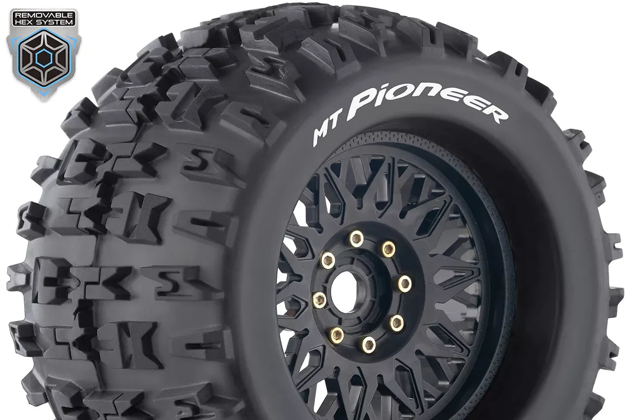 Louise RC - MT-PIONEER - 1-8 Monster Truck Tire Set - Mounted - Sport - Black Wheels - Removable 0 & 1/2 OFFSET HEX 17mm