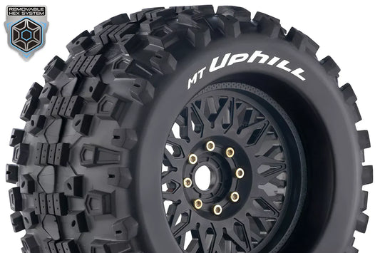 Louise RC - MT-UPHILL - 1-8 Monster Truck Tire Set - Mounted - Sport - Black Wheels - Removable 0 & 1/2 OFFSET HEX 17mm