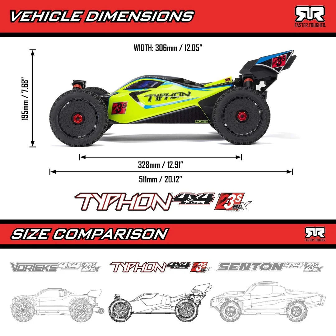 Arrma Typhon 223S DSC 4X4 BLX 1/8 RC Buggy, RTR, Blue/Yellow, ARA4306V4T4