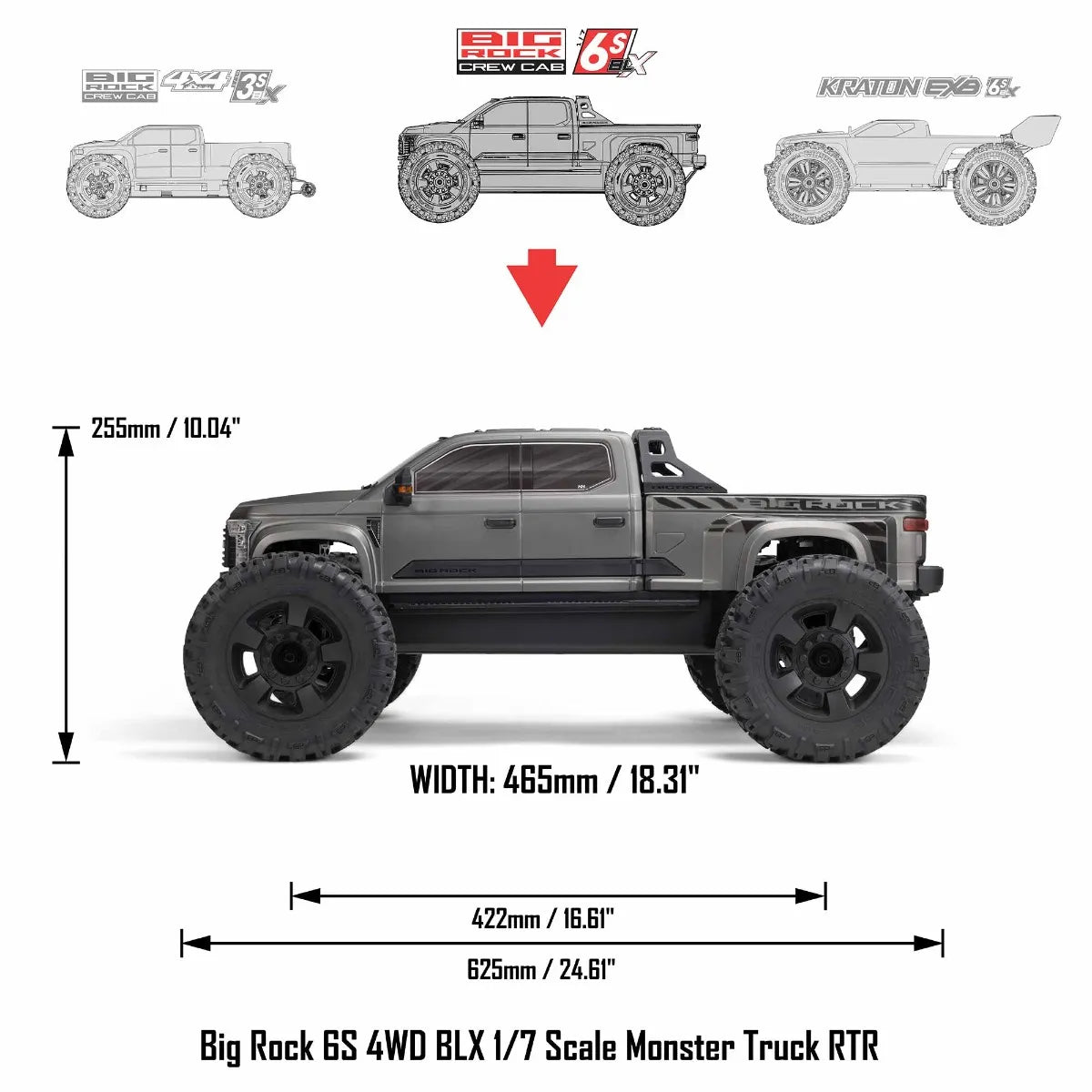 Arrma Big Rock 6S 4WD BLX 1/7 Monster Truck RTR, Red, ARA7612T2